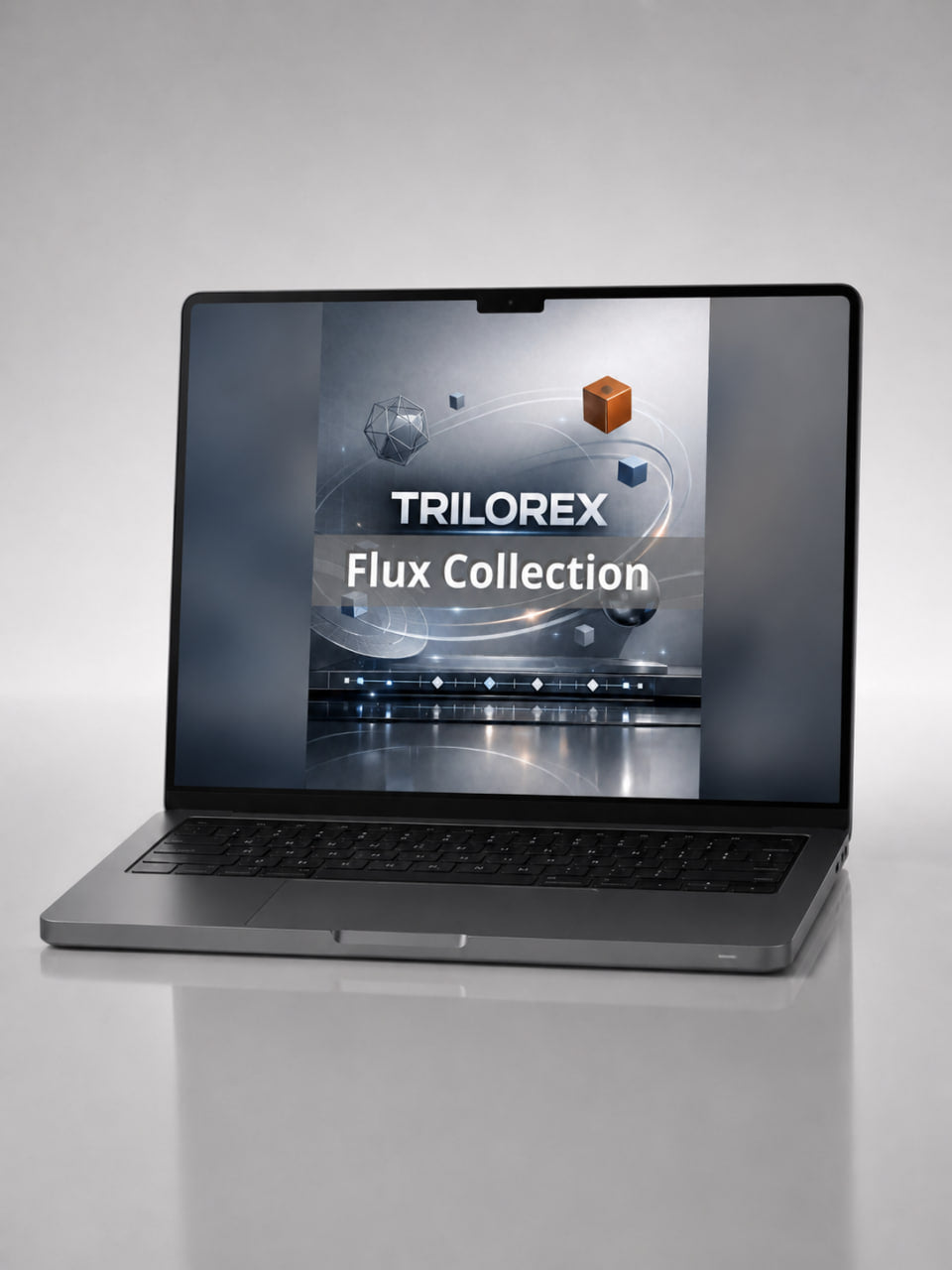 Laptop displaying the Trilorex Flux Collection on a gray background