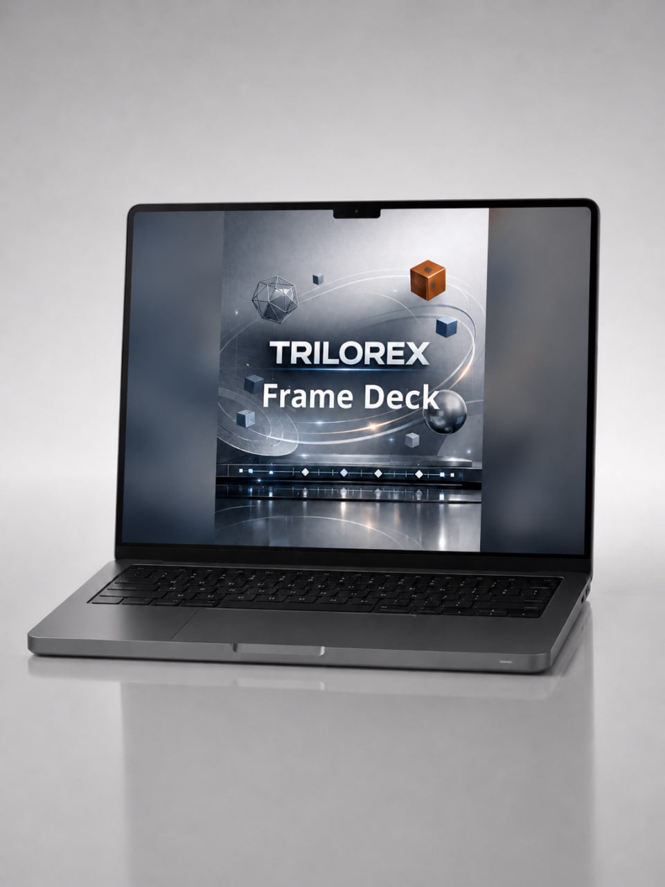 Laptop displaying 'TRILOREX Frame Deck' on a gray background