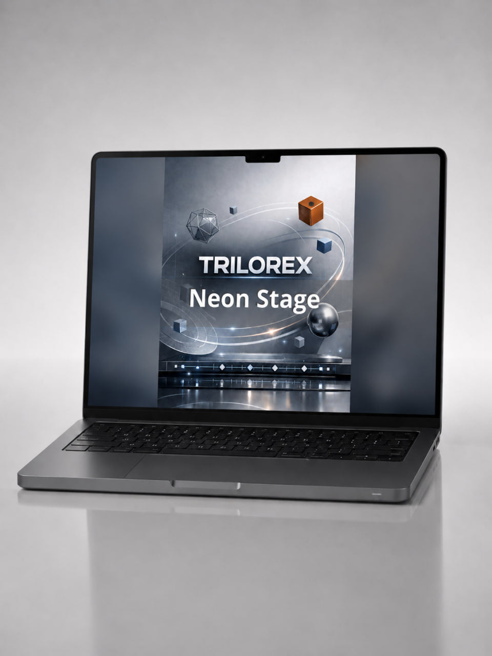 Laptop displaying the Trilorex Neon Stage software on a gray background