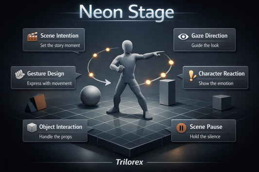 Neon Stage diagram with character, props, and control options on a dark background