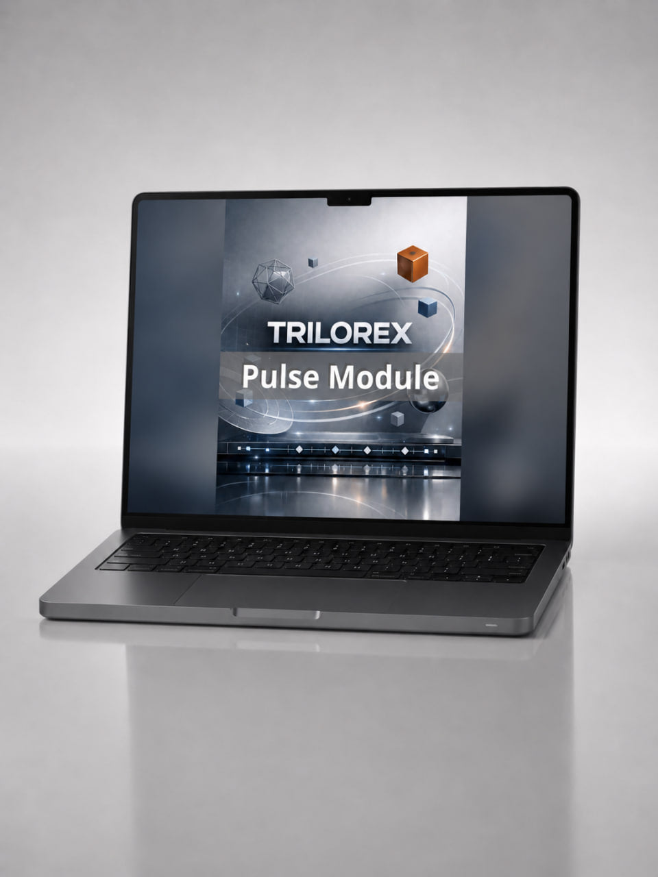 Laptop displaying TRILOREX Pulse Module software on a gray background