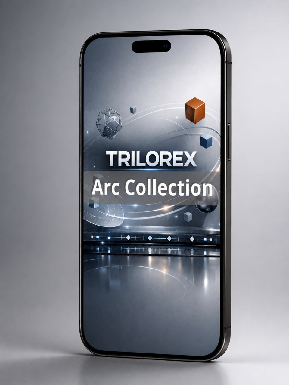 Smartphone displaying the Trilorex Arc Collection on a gray background