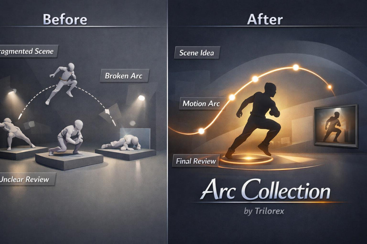 Before and after comparison of a scene with 'Arc Collection' branding by Trilorex.