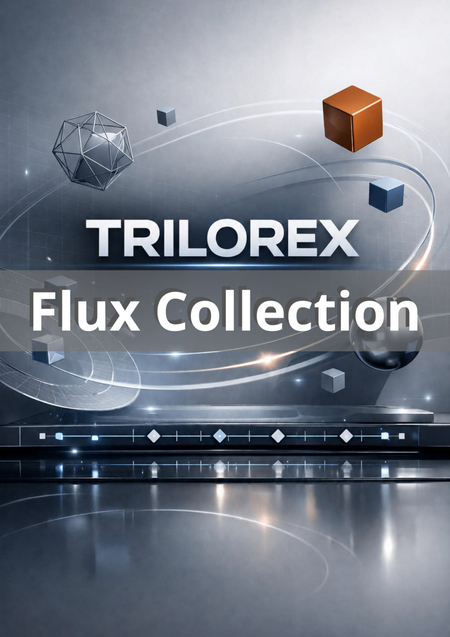 Trilorex Flux Collection with geometric shapes on a reflective surface