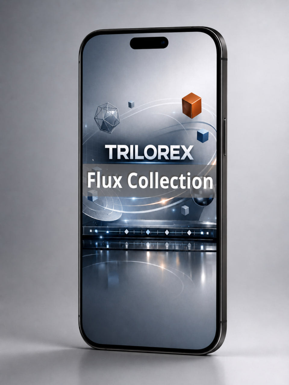 Smartphone displaying the Trilorex Flux Collection on a gray background