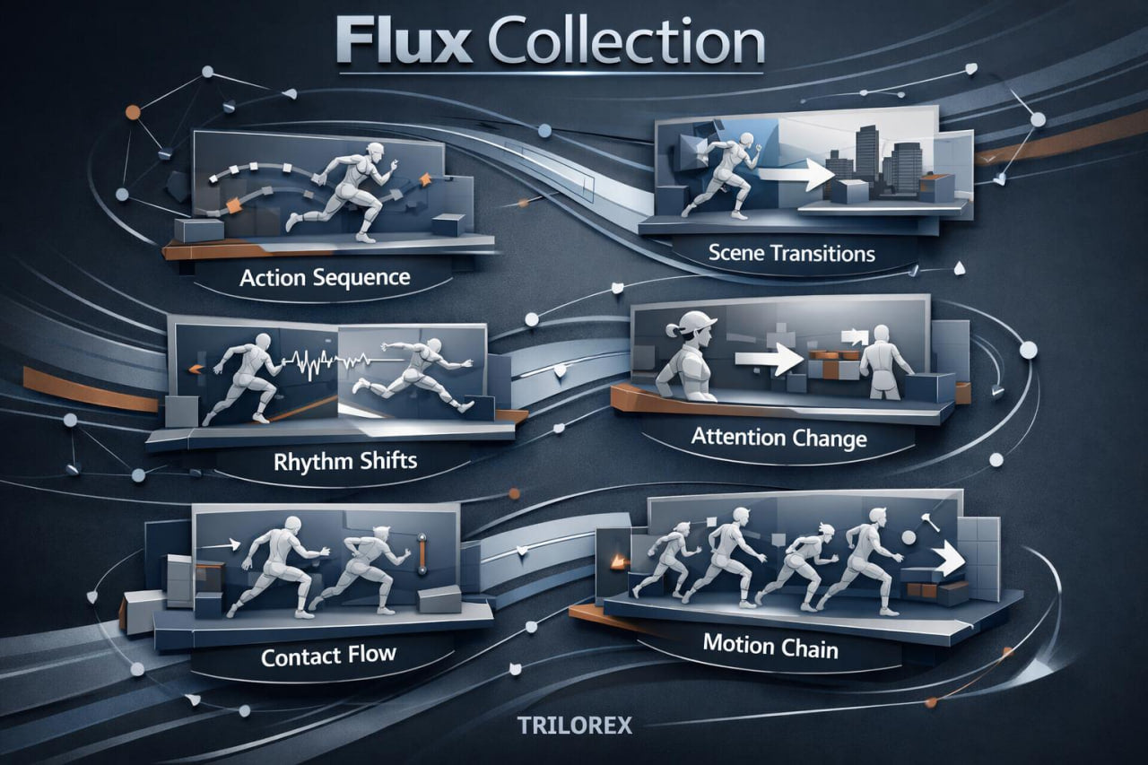 Diagram of Flux Collection with action sequence, scene transitions, and other motion elements.