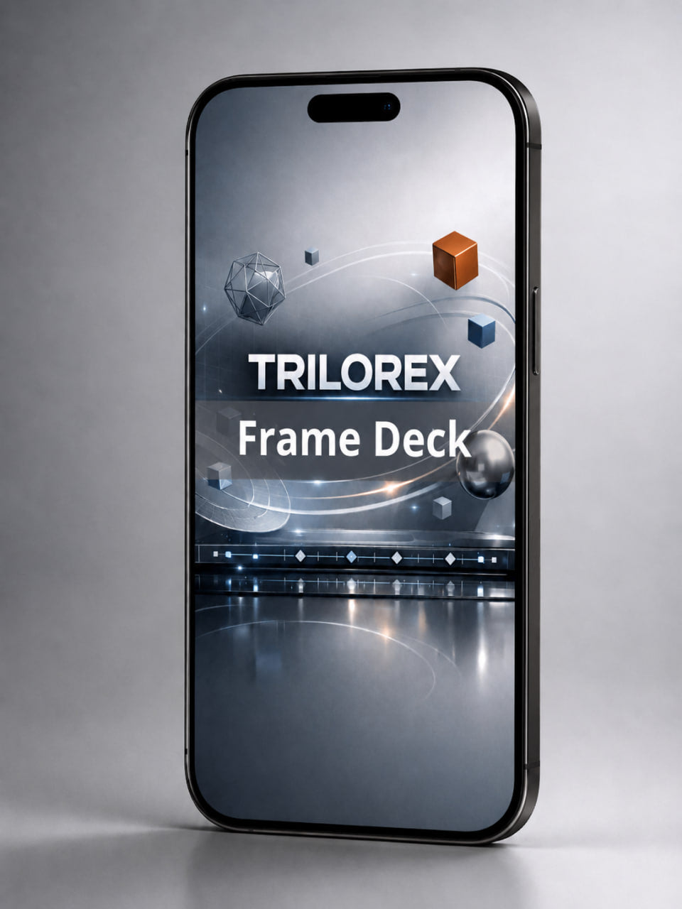 Phone displaying Trilorex Frame Deck app on a gray background