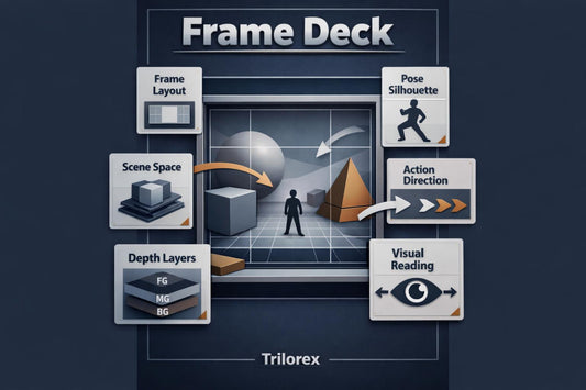 Trilorex Frame Deck diagram with various design elements on a dark background