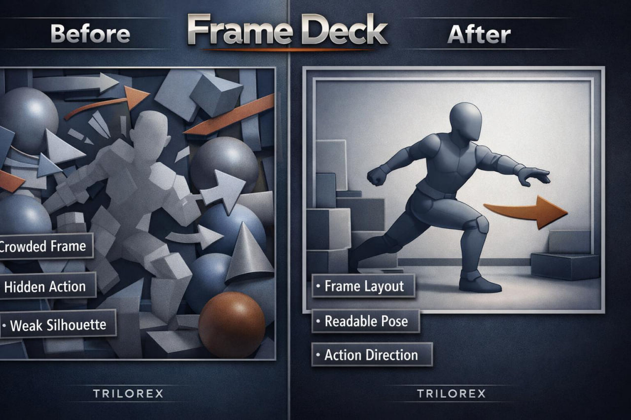 Before and after comparison of a frame deck layout with Trilorex branding.
