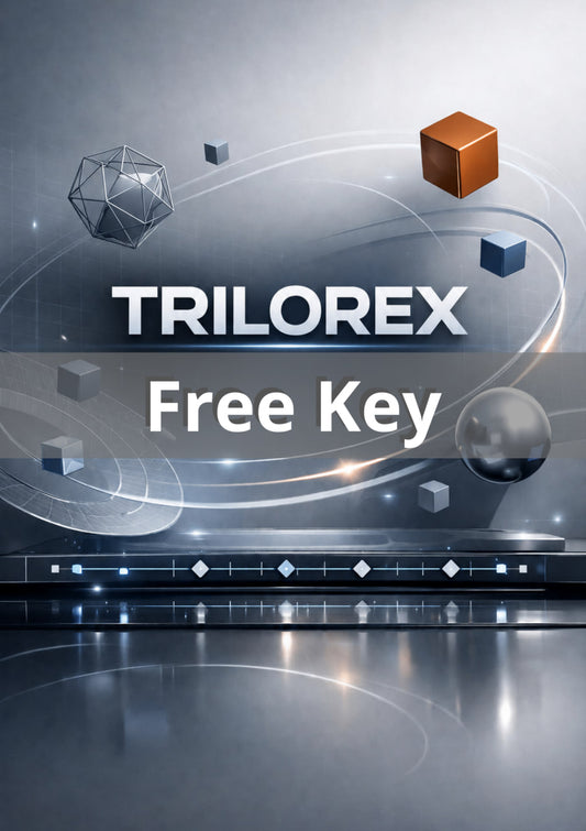 Promotional graphic for Trilorex with geometric shapes and 'Free Key' text on a gray background