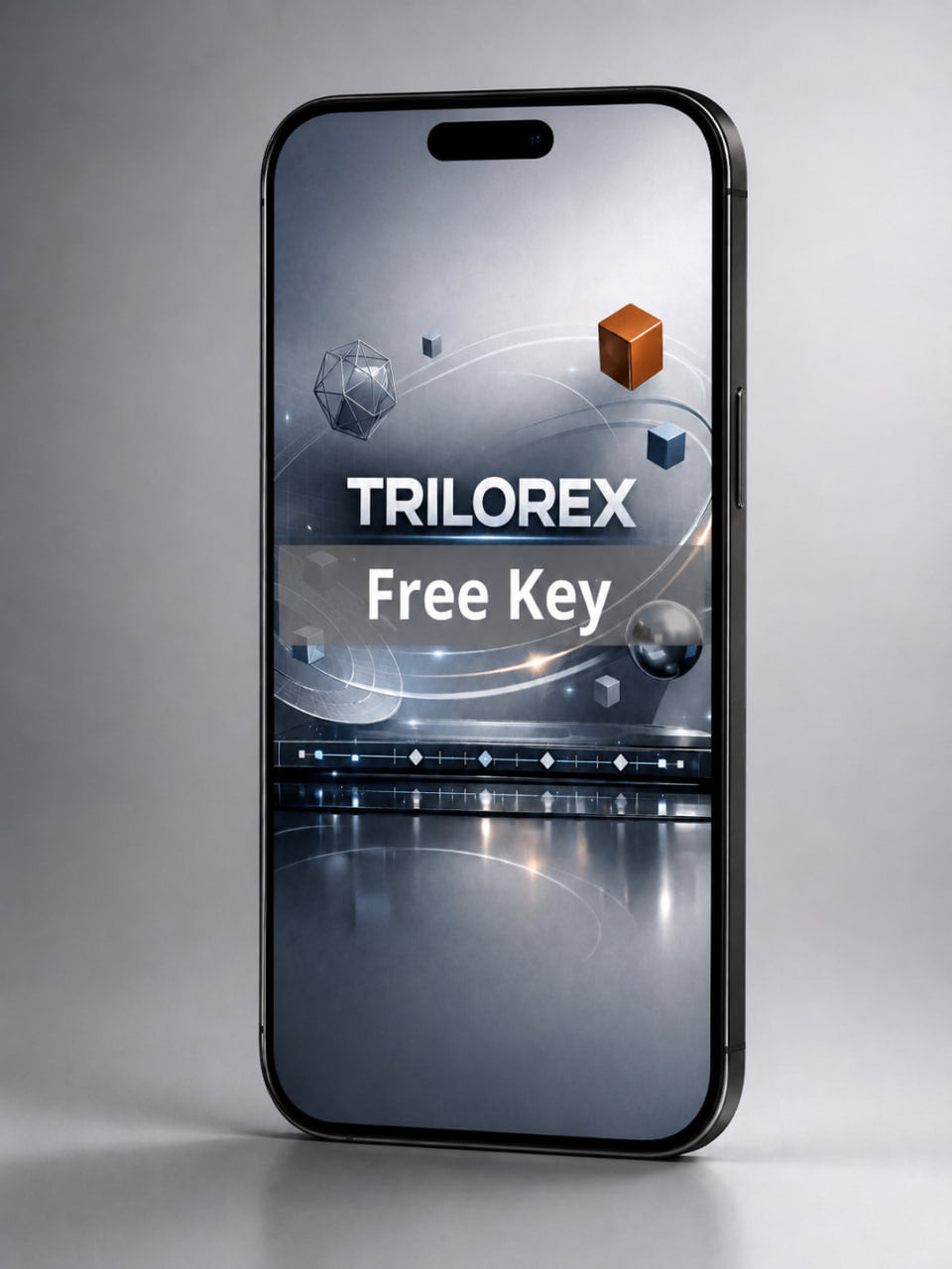Phone displaying the Trilorex app with a free key offer on a gray background