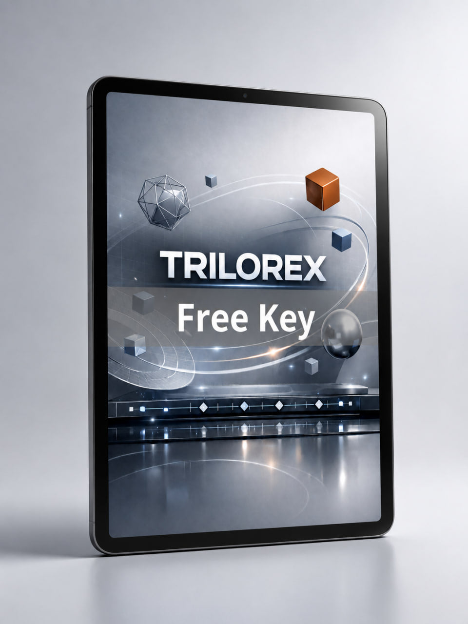 Tablet displaying the Trilorex logo and text on a gray background