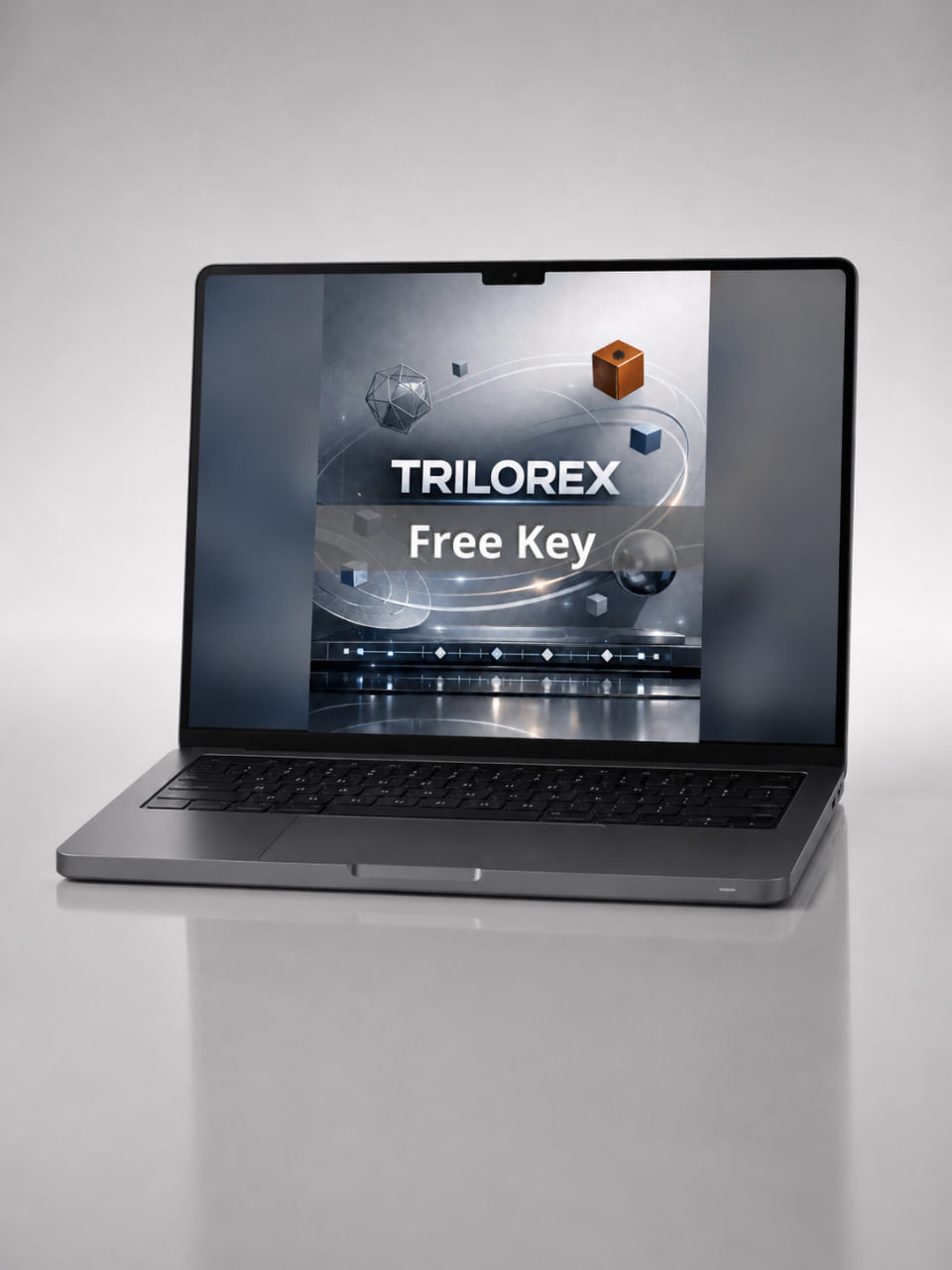 Laptop displaying a Trilorex software interface on a gray background