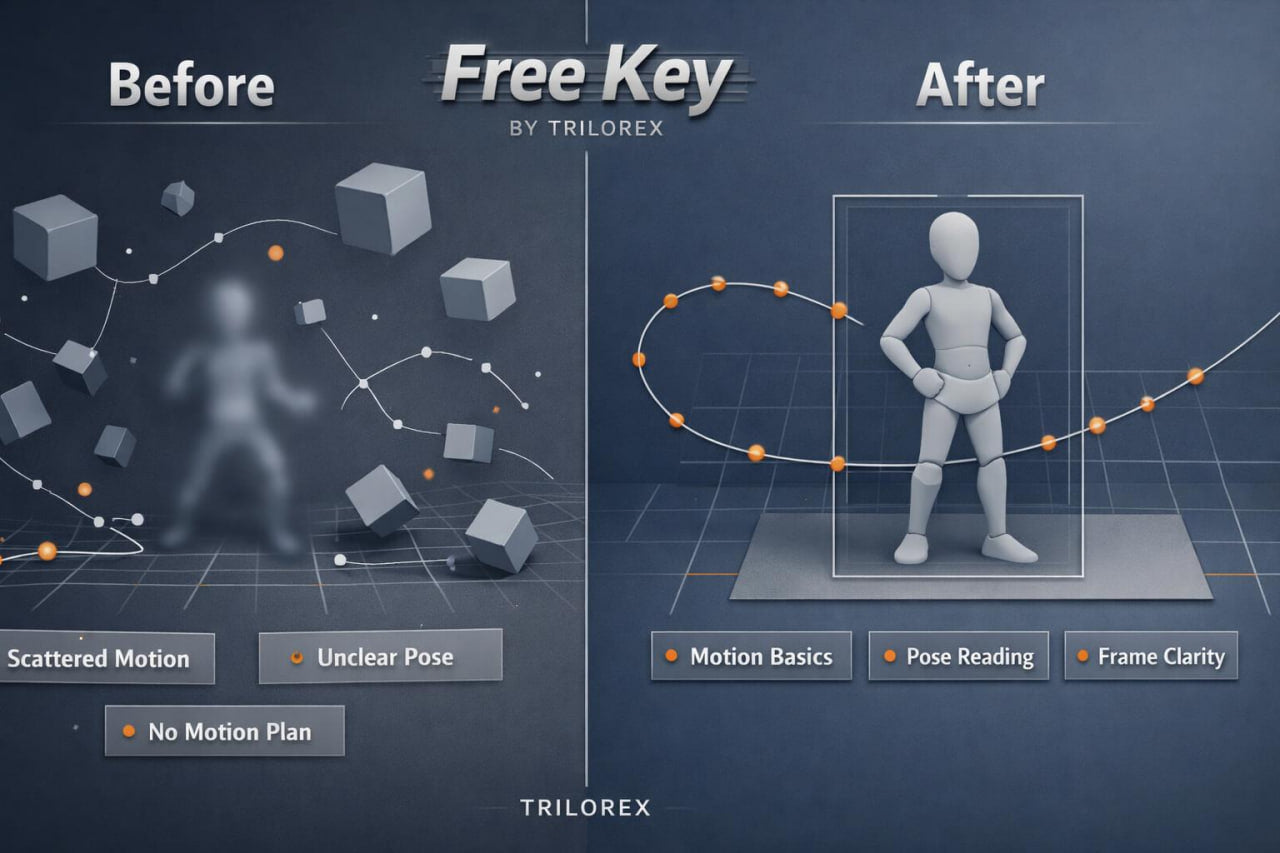 Before and after comparison of a character model with Free Key by Trilorex on a dark background.