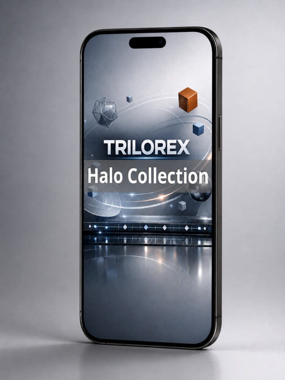 Smartphone displaying the Trilorex Halo Collection on a gray background