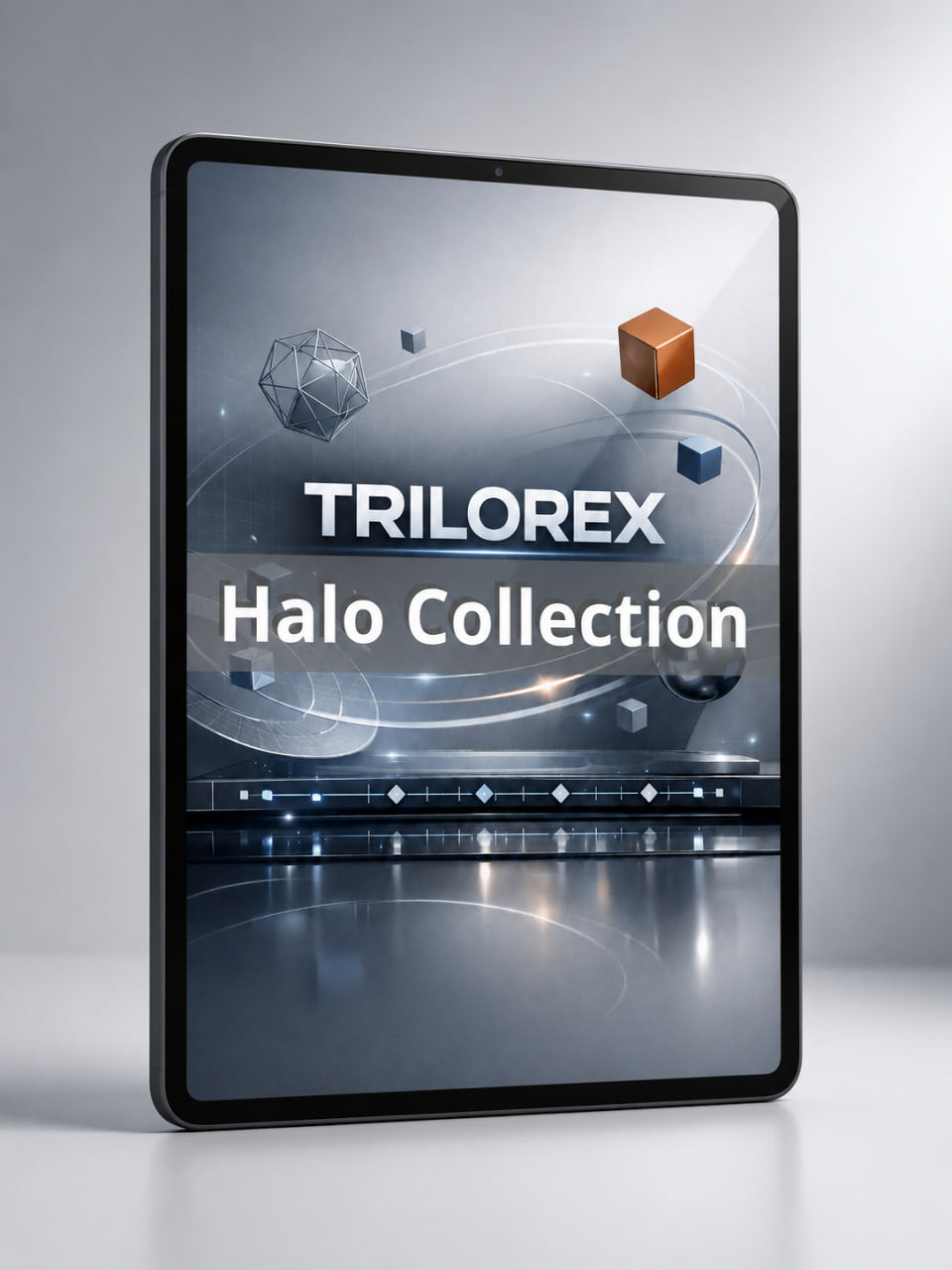 Tablet displaying the Trilorex Halo Collection on a gray background
