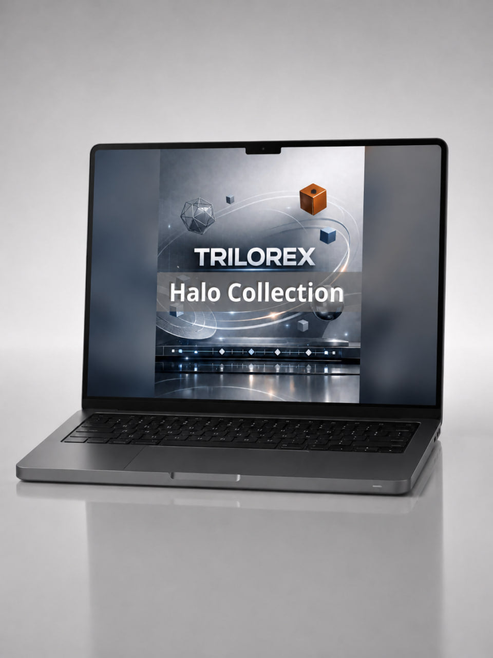 Laptop displaying the Trilorex Halo Collection on a gray background