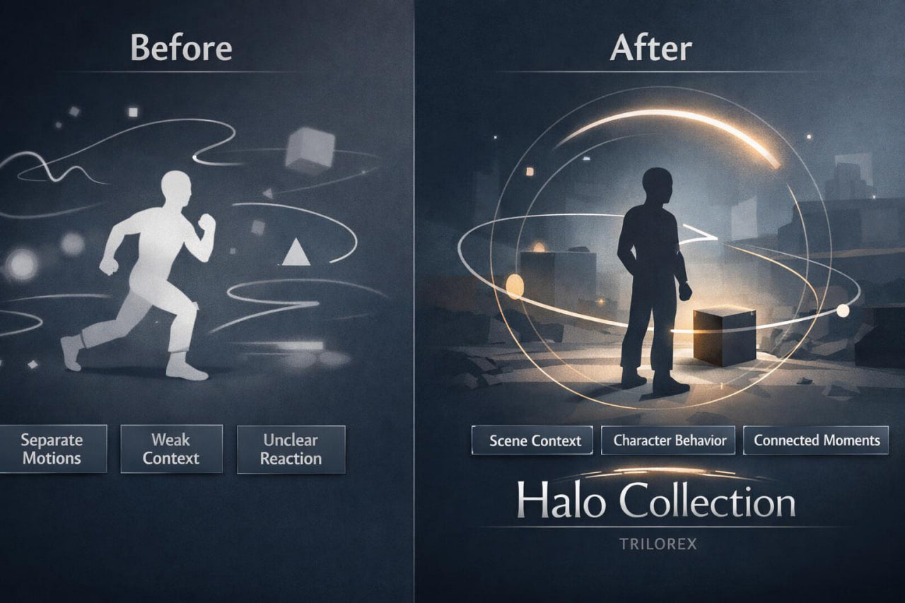 Before and after comparison of a character design with 'Halo Collection' branding.