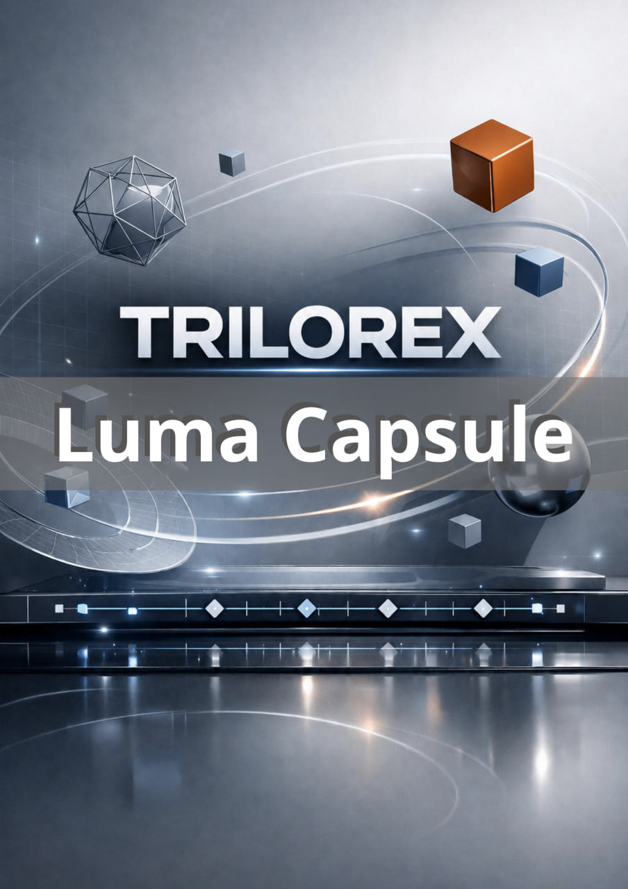 Trilorex Luma Capsule product with geometric shapes on a reflective surface