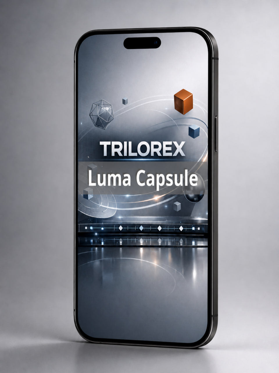 Smartphone displaying the Trilorex Luma Capsule app on a gray background