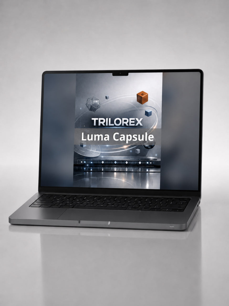 Laptop displaying the Trilorex Luma Capsule software on a gray background