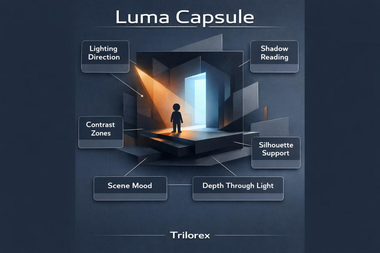 Diagram of Luma Capsule features with a silhouette and light source on a dark background