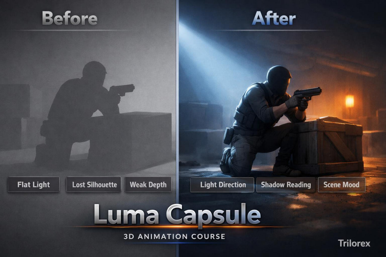 Before and after comparison of a 3D animation scene with Luma Capsule branding.