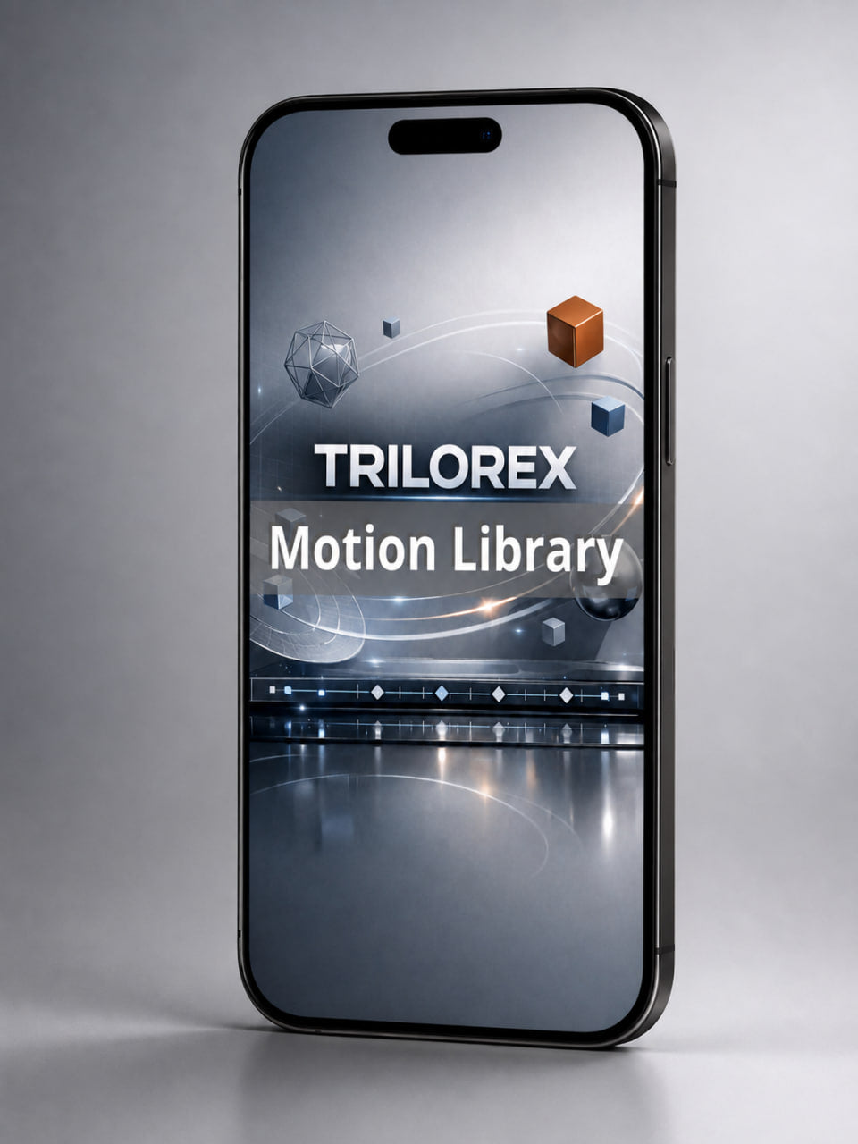Phone displaying the Trilorex Motion Library app on a gray background