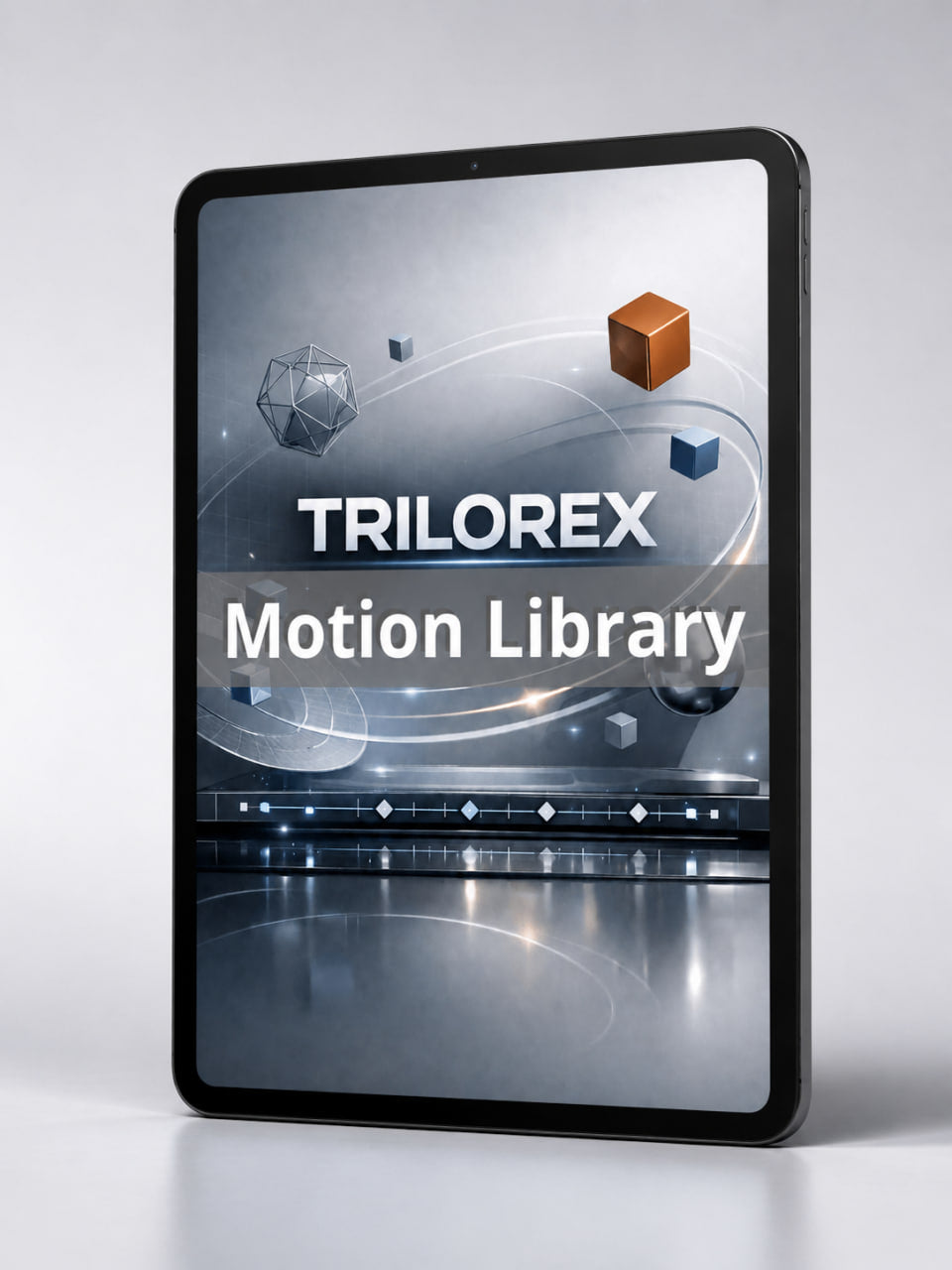 Trilorex Motion Library on a tablet screen with a gray background