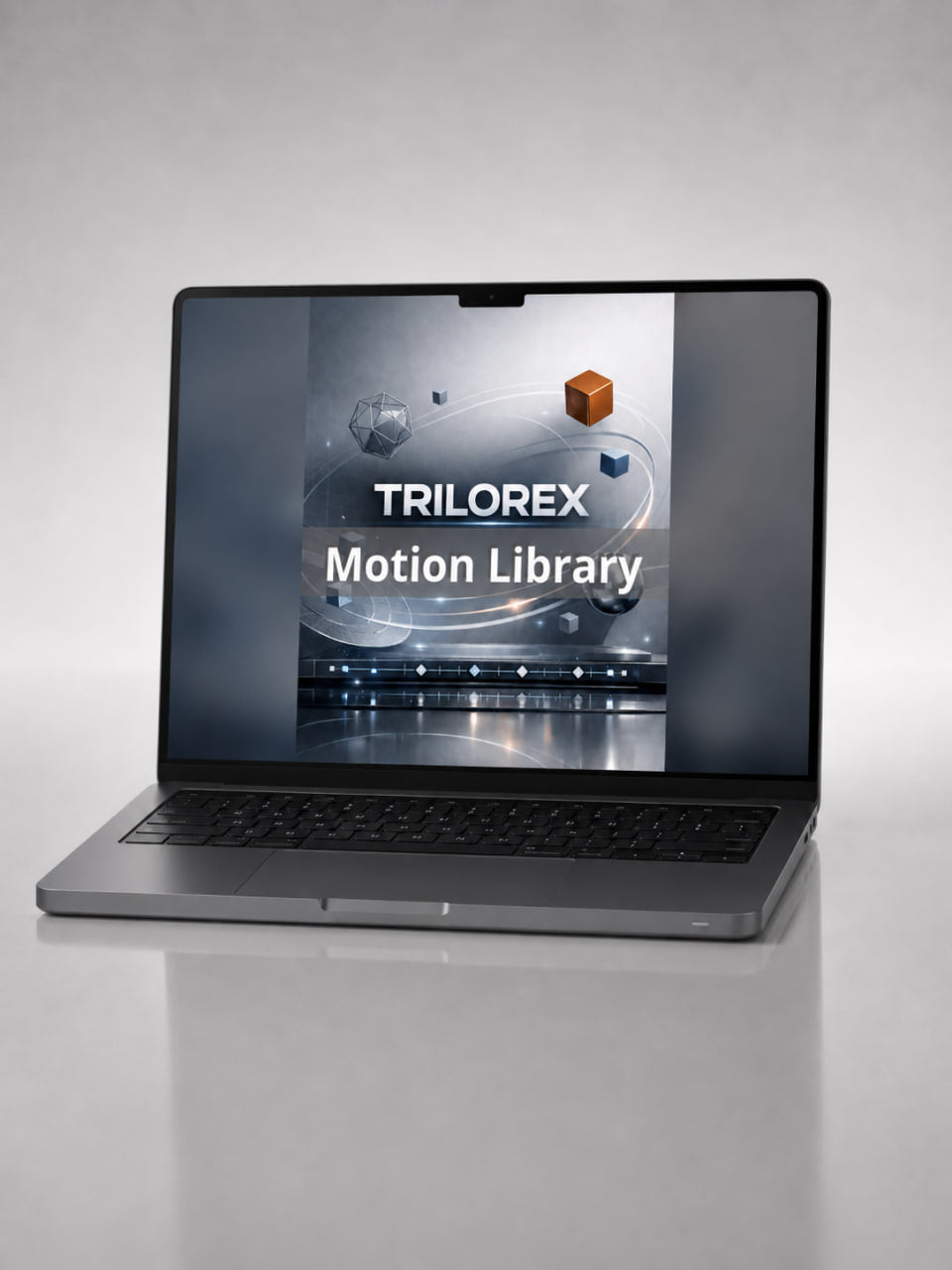 Laptop displaying Trilorex Motion Library on a gray background