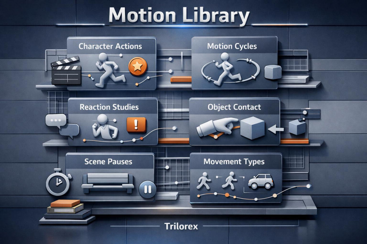 Motion library with various categories on a dark background, featuring the brand 'Trilorex'.