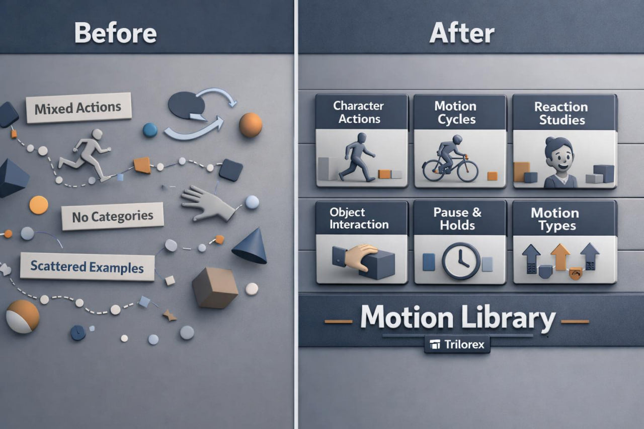 Comparison of a motion design before and after using a motion library, with Trilorex branding.