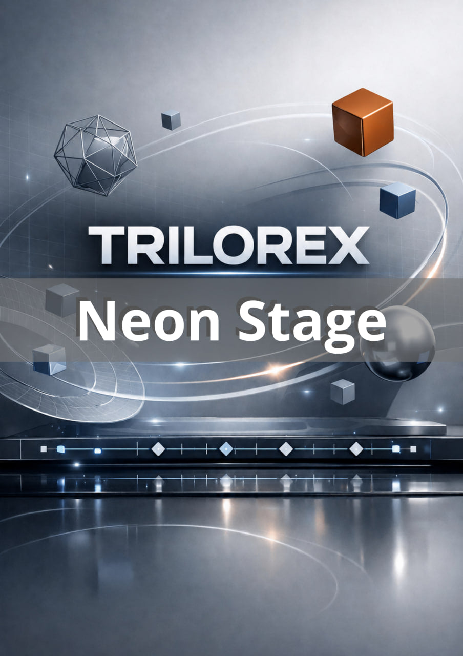 Trilorex Neon Stage with geometric shapes on a reflective surface