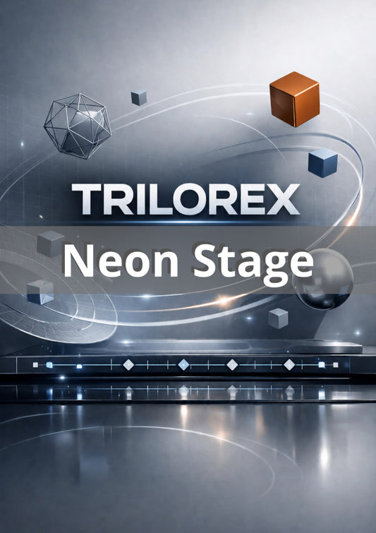 Trilorex Neon Stage with geometric shapes on a reflective surface