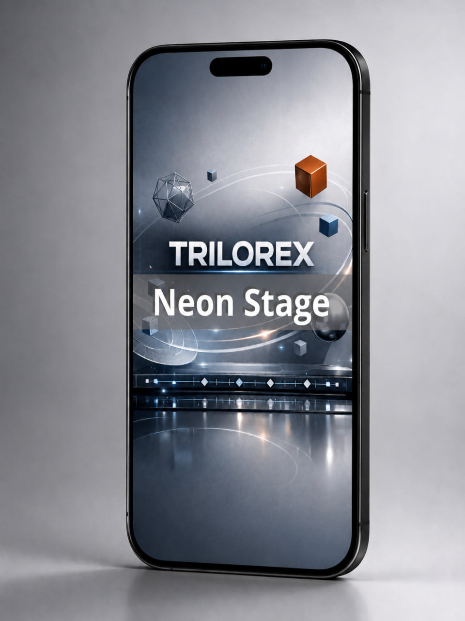 Phone displaying the Trilorex Neon Stage app interface on a gray background