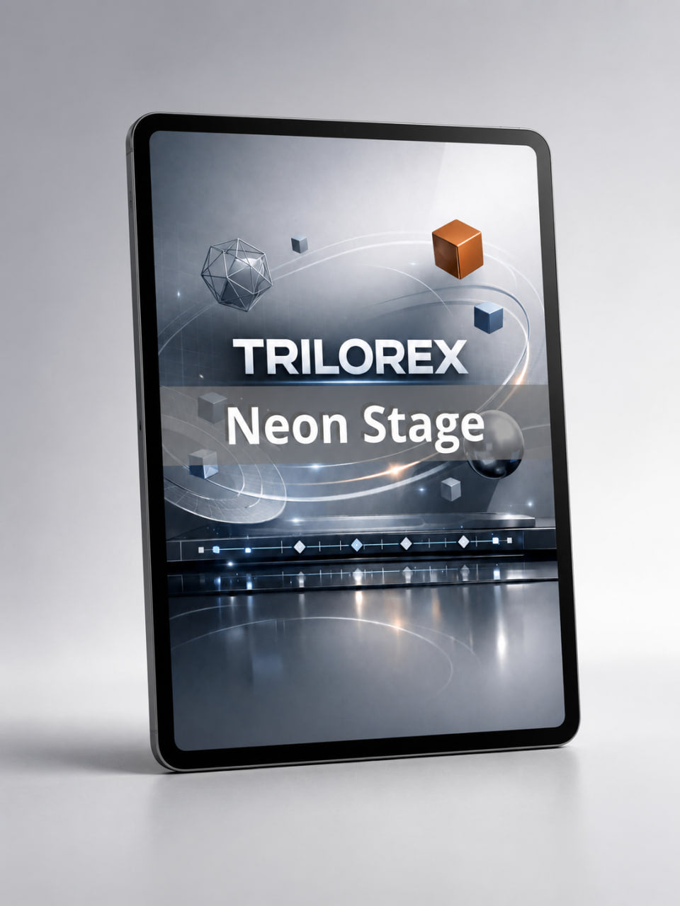 Trilorex Neon Stage software interface on a tablet with a gray background