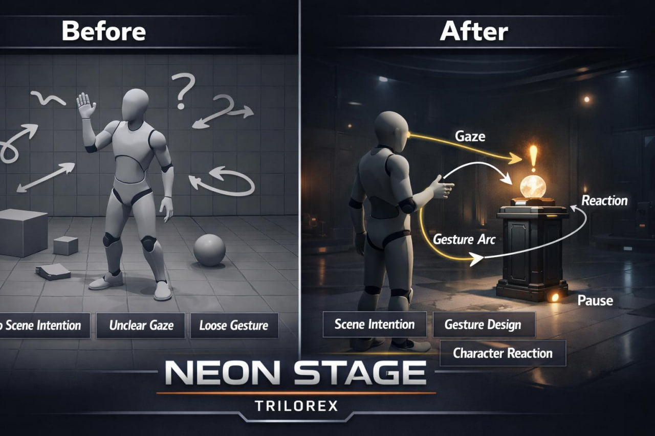 Before and after comparison of a robot in a dark room with labeled elements, featuring the Neon Stage Trilorex branding.