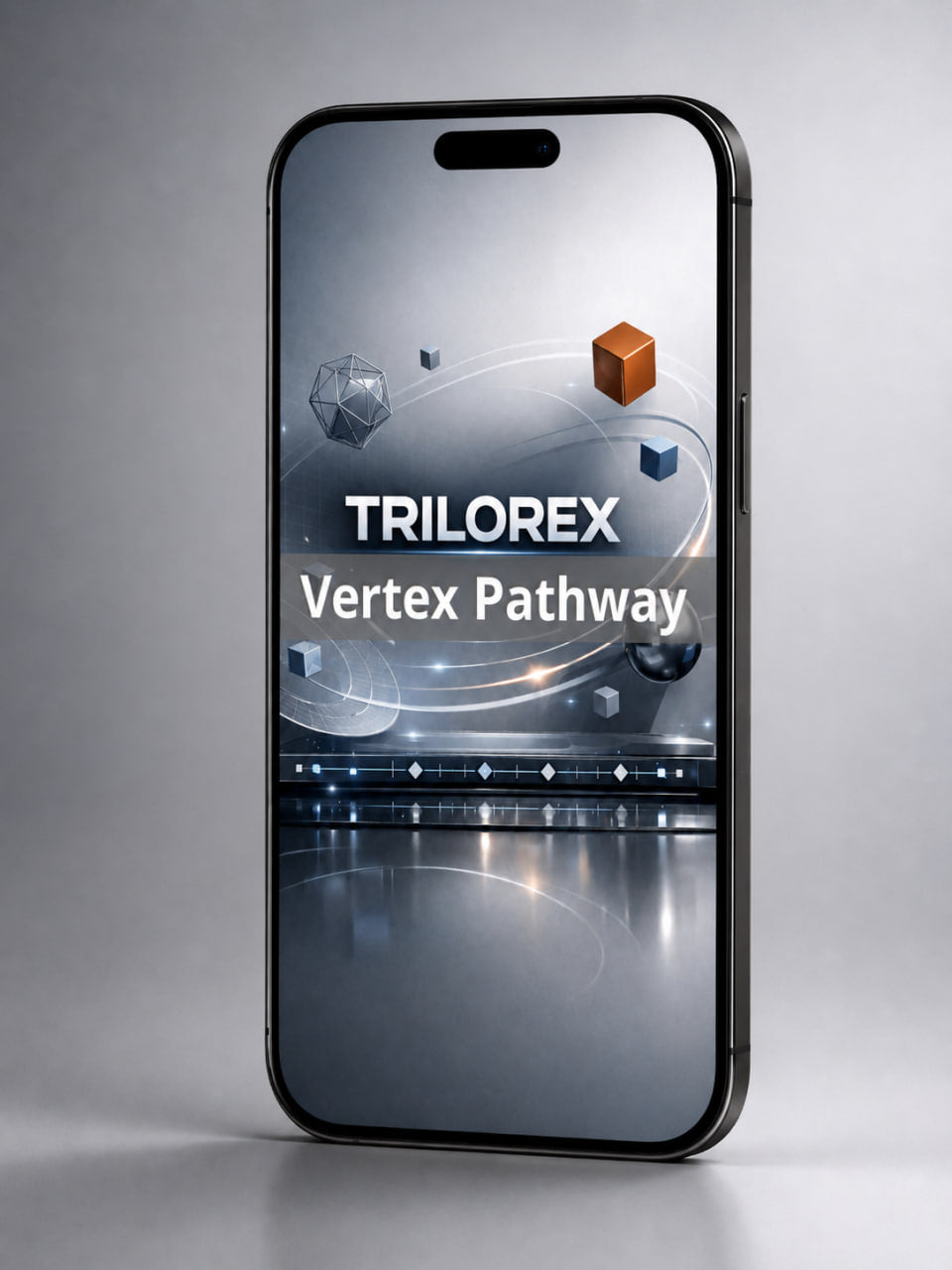 Phone displaying the Trilorex Vertex Pathway app on a gray background