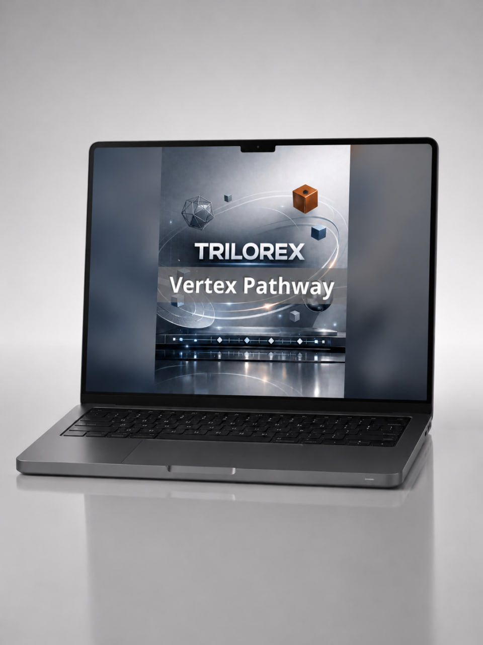 Laptop displaying the Trilorex Vertex Pathway software on a gray background