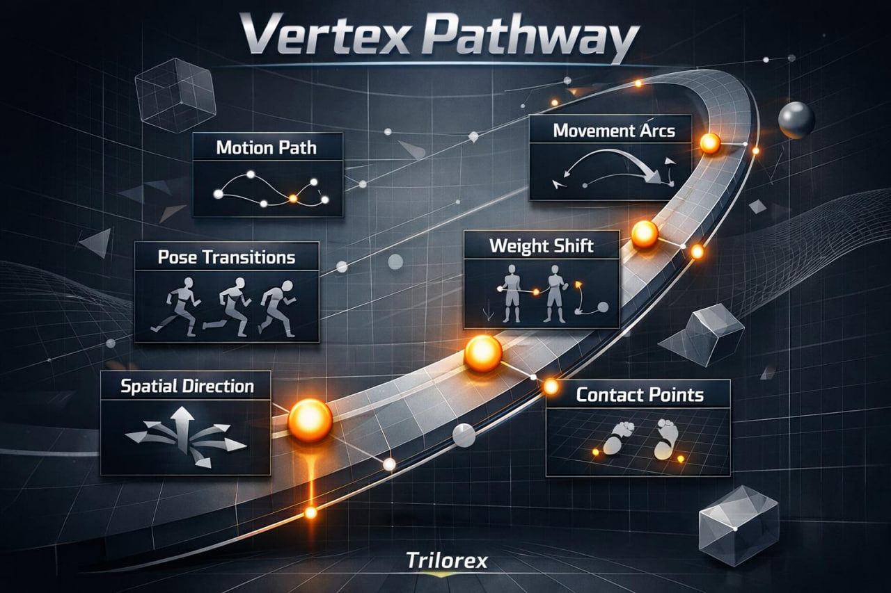 Diagram of 'Vertex Pathway' with various motion elements and Trilorex branding.
