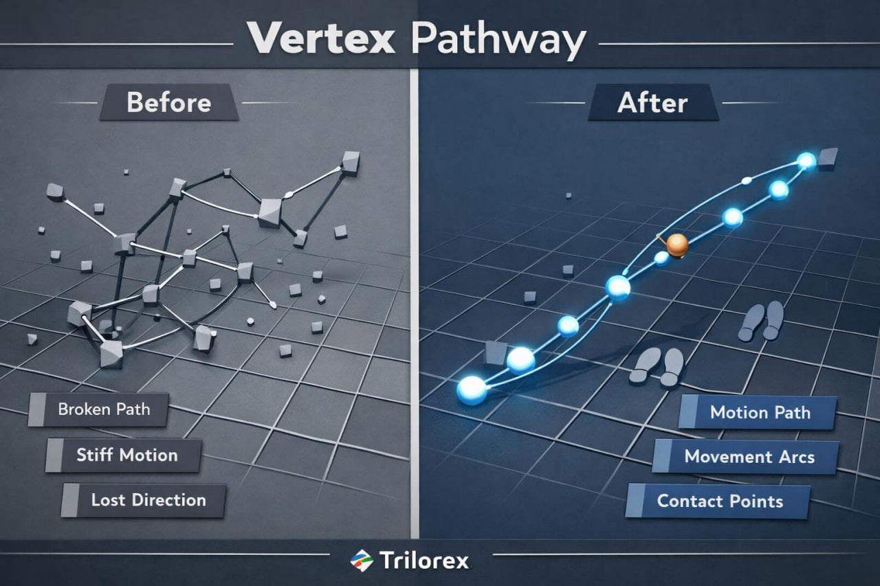 Comparison of 'Before' and 'After' vertex pathway diagrams with Trilorex branding.