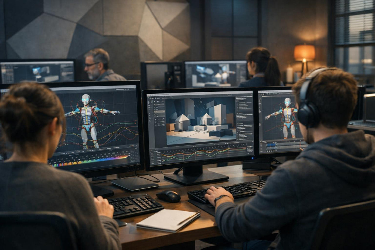 People working on computer monitors in a dark room, likely in a gaming or software development setting.