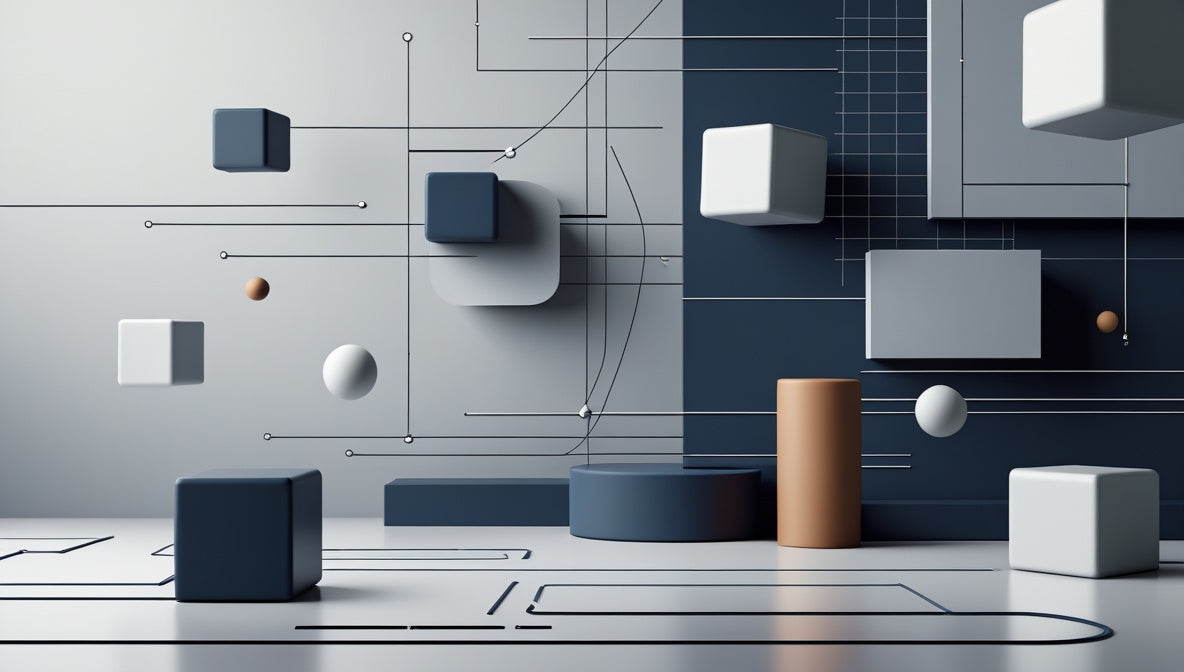 Modern interior design with geometric shapes and lines on a gray floor.