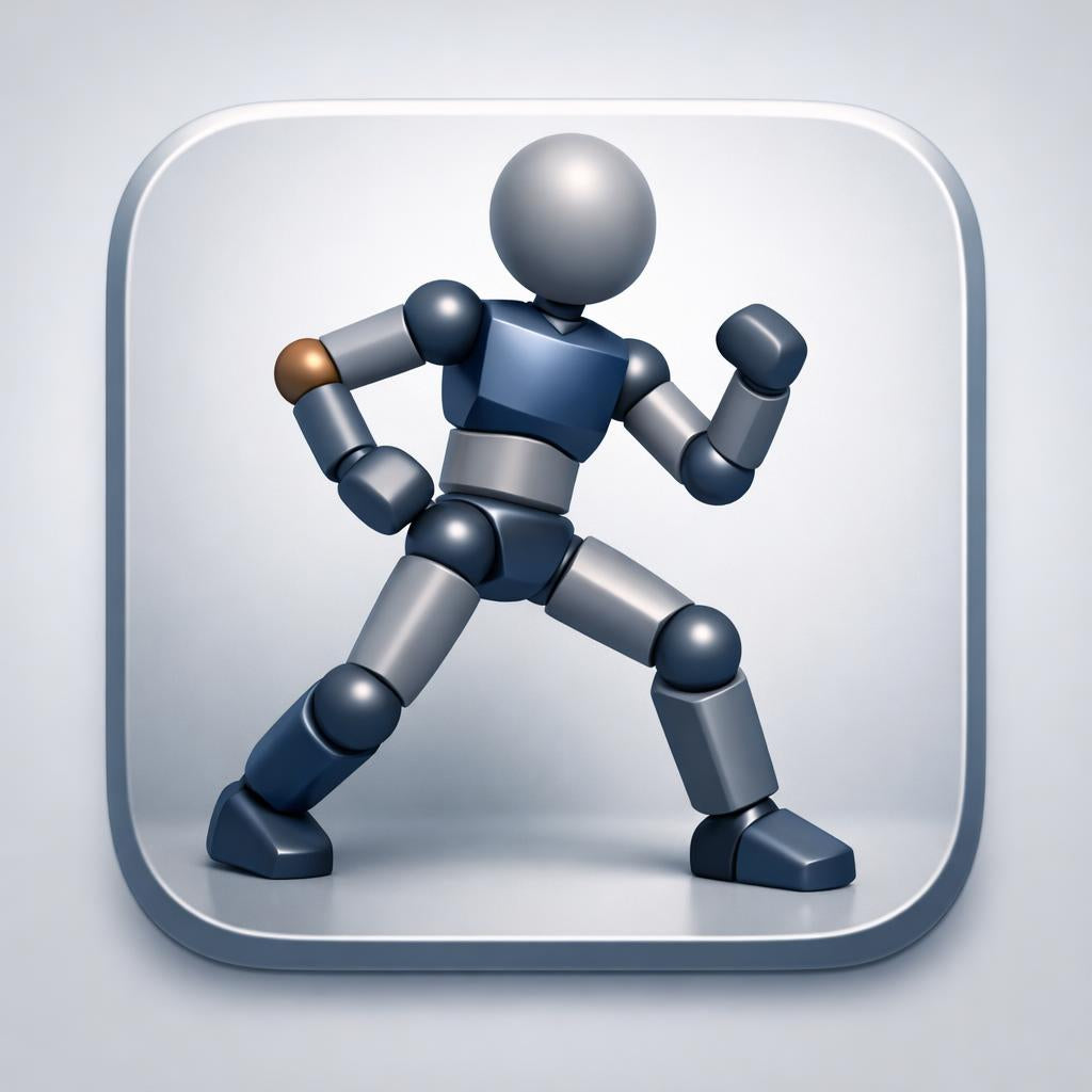 Robotic figure in a dynamic pose on a light gray background