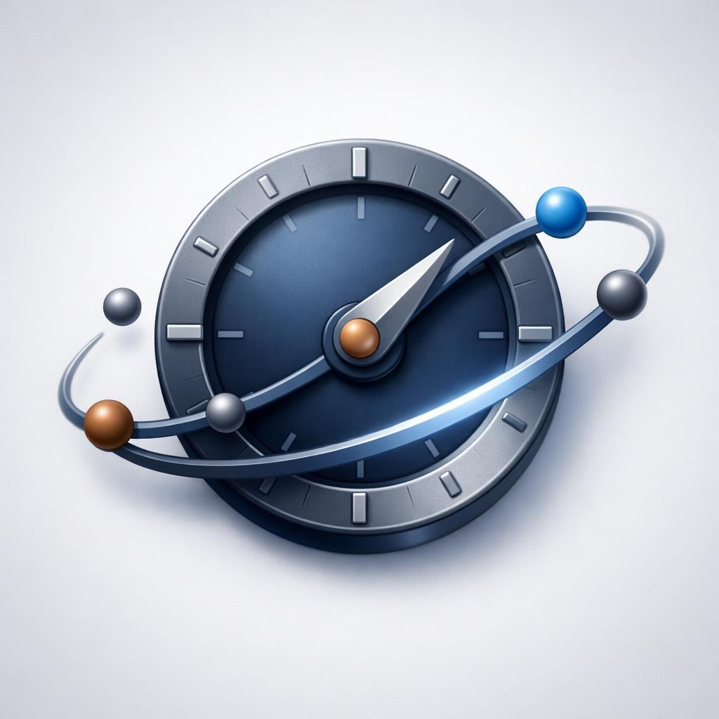 Circular design with a compass-like pointer and orbiting planets on a light gray background