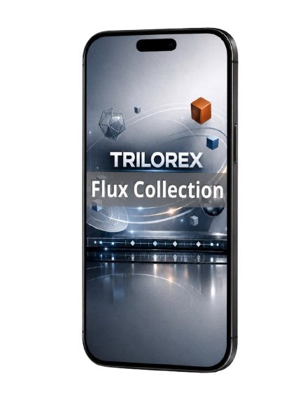 Phone displaying the Trilorex Flux Collection on a white background